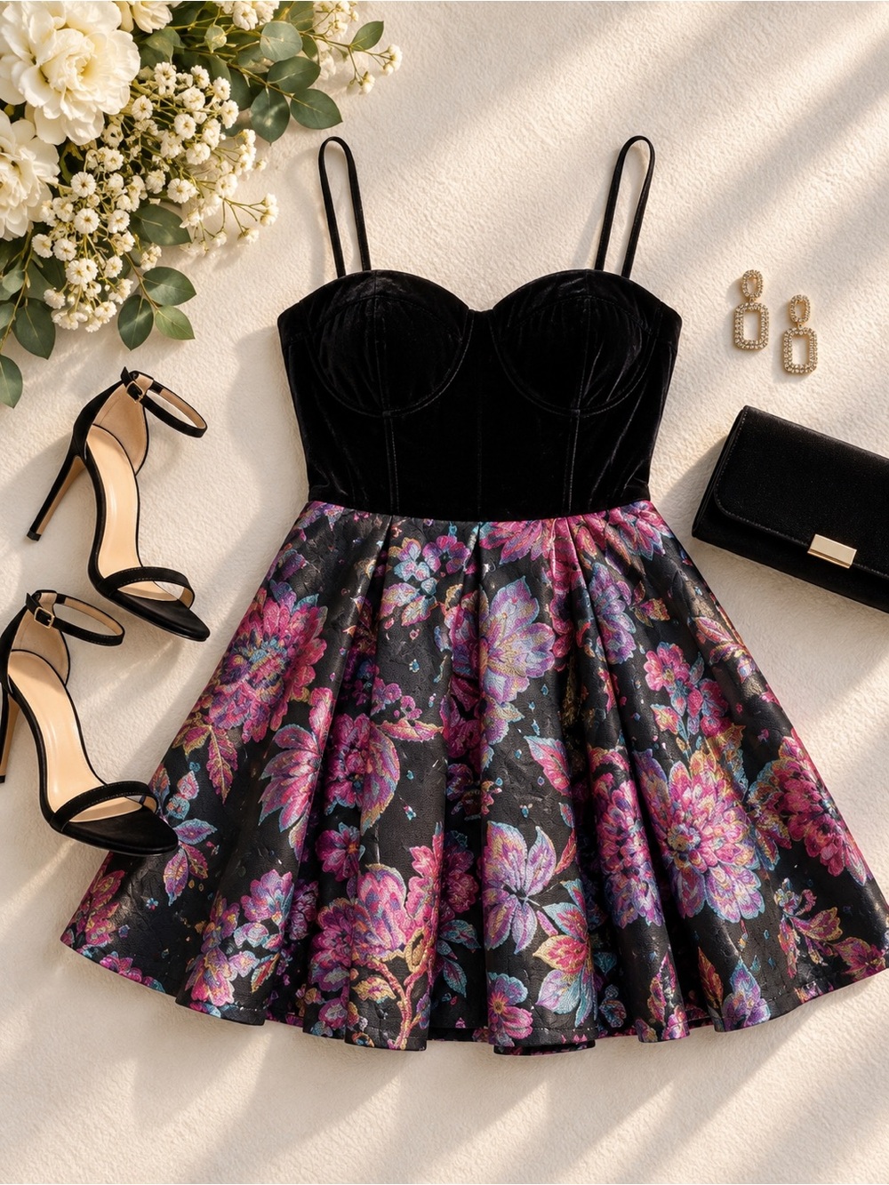 MINKPINK Tahitian Twilight Velvet Bustier Jacquard Mini Dress Floral L NWT